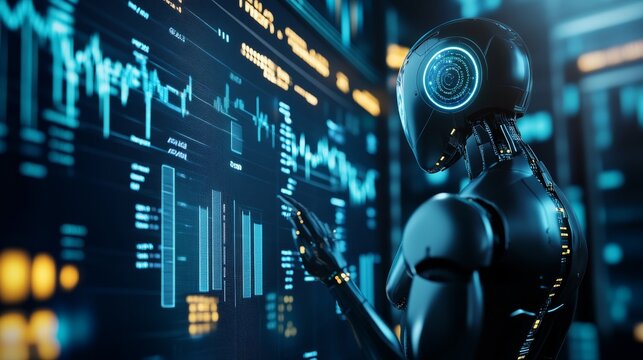 A futuristic AI powered financial analytics suite, algorithmic trading bots monitoring stock fluctuations, sleek high-tech financial hub