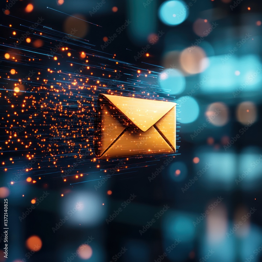 Poster A golden email icon digitally flies through a network of sparkling data streams in cyberspace representing fast communication.