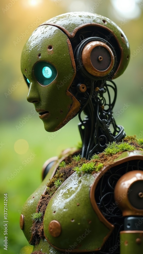 Poster green robot with a face and a body made of metal and moss. the robot has a creepy and unsettling app