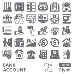Bank account symbols collection or sketches. banking theme icons in glyph style signs for web and app. Vector graphics isolated on white background.