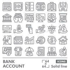 Bank account symbols collection or sketches. banking theme icons in line style signs for web and app. Vector graphics isolated on white background.