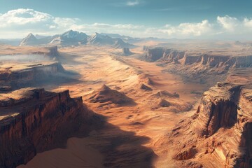 Vast desert landscape with dramatic rock formations under bright blue sky in the afternoon