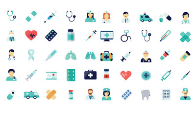 Fototapeta premium Medical treatment icon set with therapy, recovery, medication, implantation, preventive, heart problem, mental health, diagnosis, pharmacy, contraindication, not effective and adverse effect