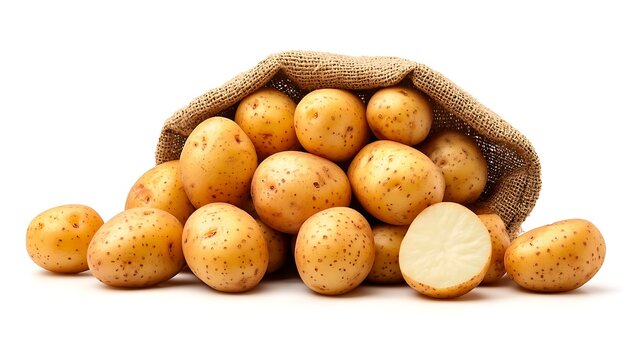 Yellow Potatoes in Burlap Sack.