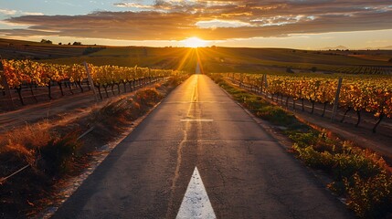 A long, straight asphalt road with a white arrow pointing forward, surrounded by expansive vineyards and a golden sunset, representing motivation and the path to success.