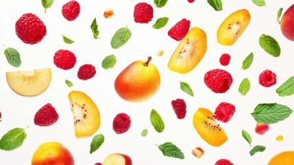 Fresh fruit and mint leaves falling on a white background. illustration