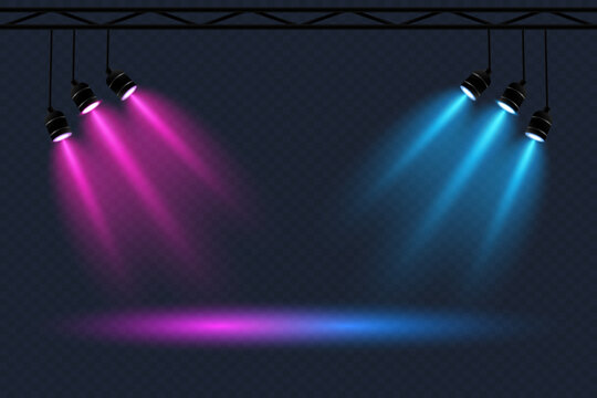 Set of spotlights for stage lighting, concerts. Lighting with neon spotlights. Vector.