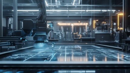 A futuristic AI powered laser cutter, precisely cutting intricate designs in a workshop, industrial setting