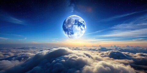 A serene landscape with a glowing full moon shining above soft white clouds against a deep blue sky at dusk, lunar light, cloudy horizon