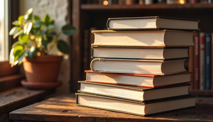 Cozy book stack in warm library corner, inviting tranquility