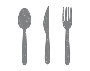 fork, spoon, and knife doodle textured hand drawn icon set. silhouette drawing spoon, fork and knife line clipart symbol collection