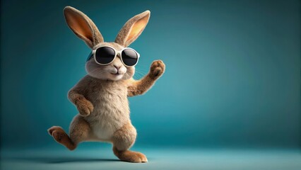 A playful rabbit in shades with a big smile dancing on its hind legs, lively, movement,  lively, movement, dance, sunglasses