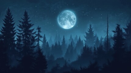 Dark night sky with a full moon illuminating a spooky forest illustration