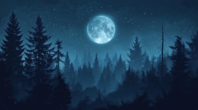 Dark night sky with a full moon illuminating a spooky forest illustration