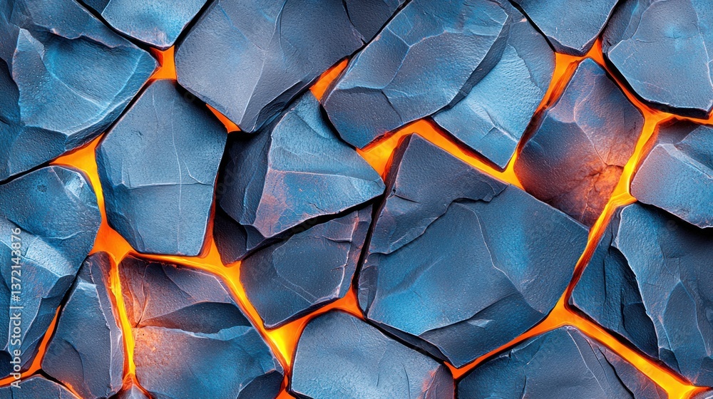 Poster Molten lava flows through cracks in dark blue stone creating a dramatic and intense texture background.
