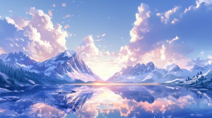 Blue sky, white clouds, mountains, sunset, realistic 4K 