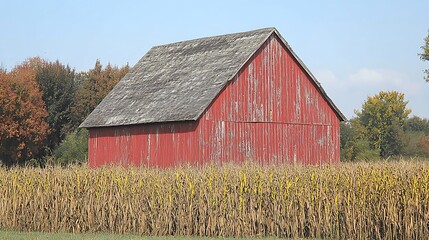 Obraz premium A vibrant red barn stands in a field of mature corn stalks