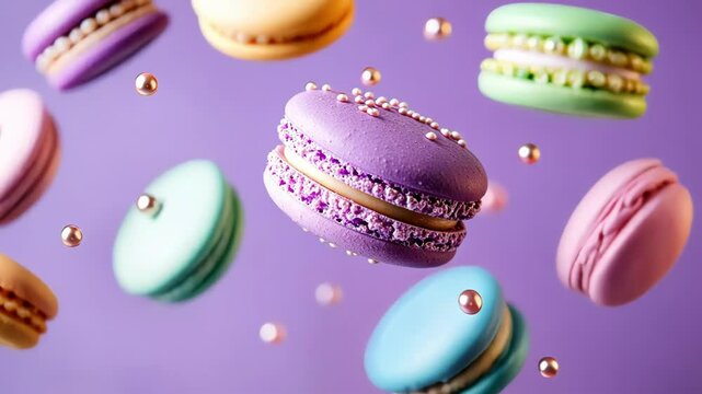 Colorful macarons floating against a pastel purple background.