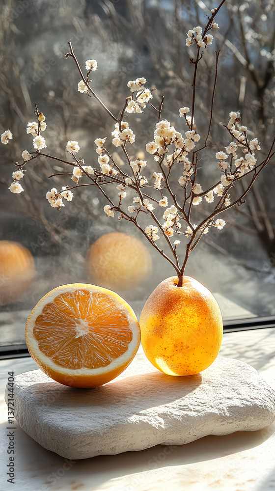 Poster two oranges are placed on a white stone slab. the oranges are cut in half and placed in a vase. the 