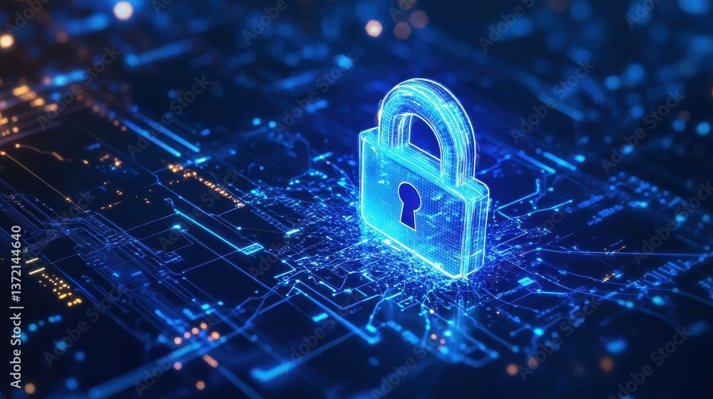 Poster convey the essence of cyber security technology with an image featuring a digital padlock representi