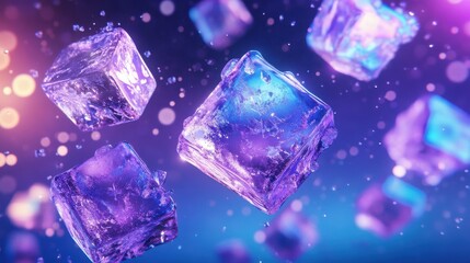 Floating ice cubes glow in purple and blue against a starlit sky. Design background generative AI illustration