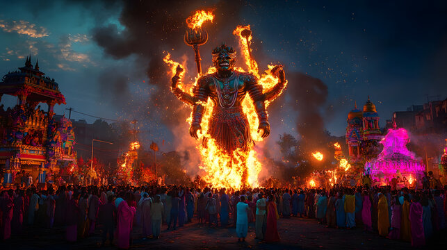 AI generated image of Ravan Dahan. Effigies of demon king Ravan are burned on Vijayadashami during the festival of Dussehra to symbolize victory of good over evil