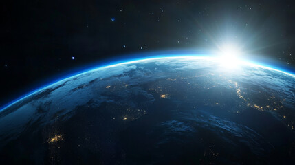 Fototapeta premium Dawn Light over the Blue Planet with Moonlit Night and Earth's Atmospheric Layers