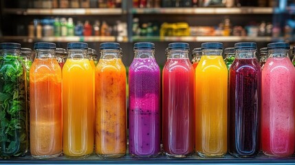 Colorful bottled juices on display in a store refrigerator