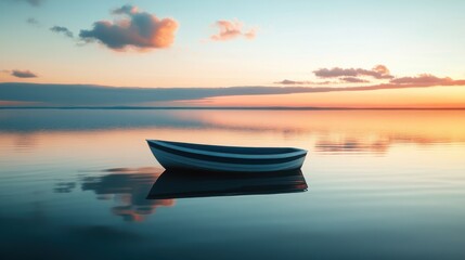 A lone boat on a still lake, its reflection perfectly mirrored in the water, creating a peaceful, symmetrical image illustration