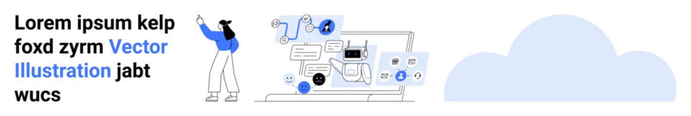 Woman interacting with connected devices, file sharing tools, and cloud storage icons. Ideal for technology, teamwork, data sharing, cloud computing, collaboration, workflow simple landing page