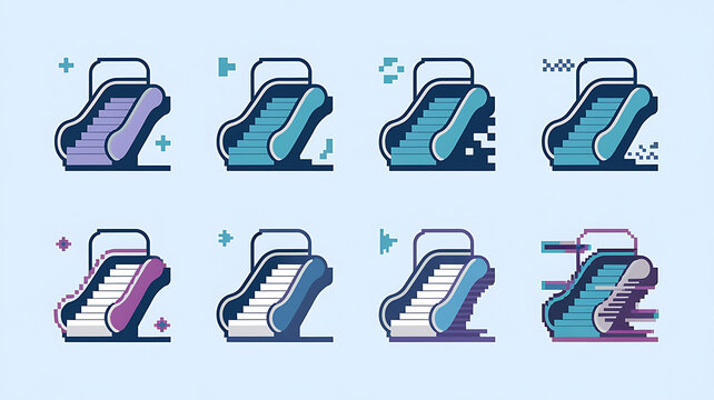 Stylized escalators in shades of blue, purple, and pink, creating a modern, geometric design.