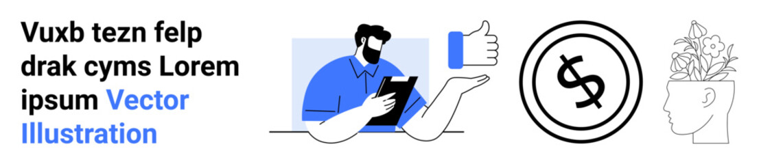 Businessperson referencing documents, thumbs-up gesture, dollar sign in circle, and plant-brain fusion. Ideal for teamwork, decision-making, finance, creativity, self-growth leadership abstract