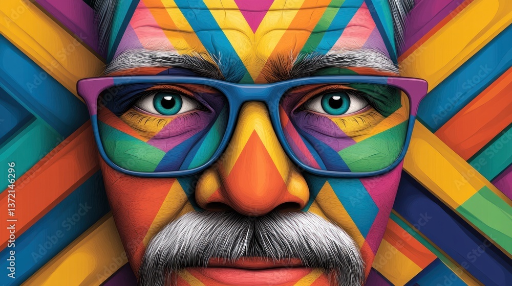 Poster a vibrant portrait of a senior man with colorful geometric patterns across his face and glasses.