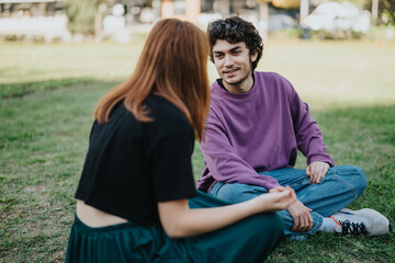 A young couple sits on the grass, enjoying a sunny outdoor day. They are engaged in conversation...