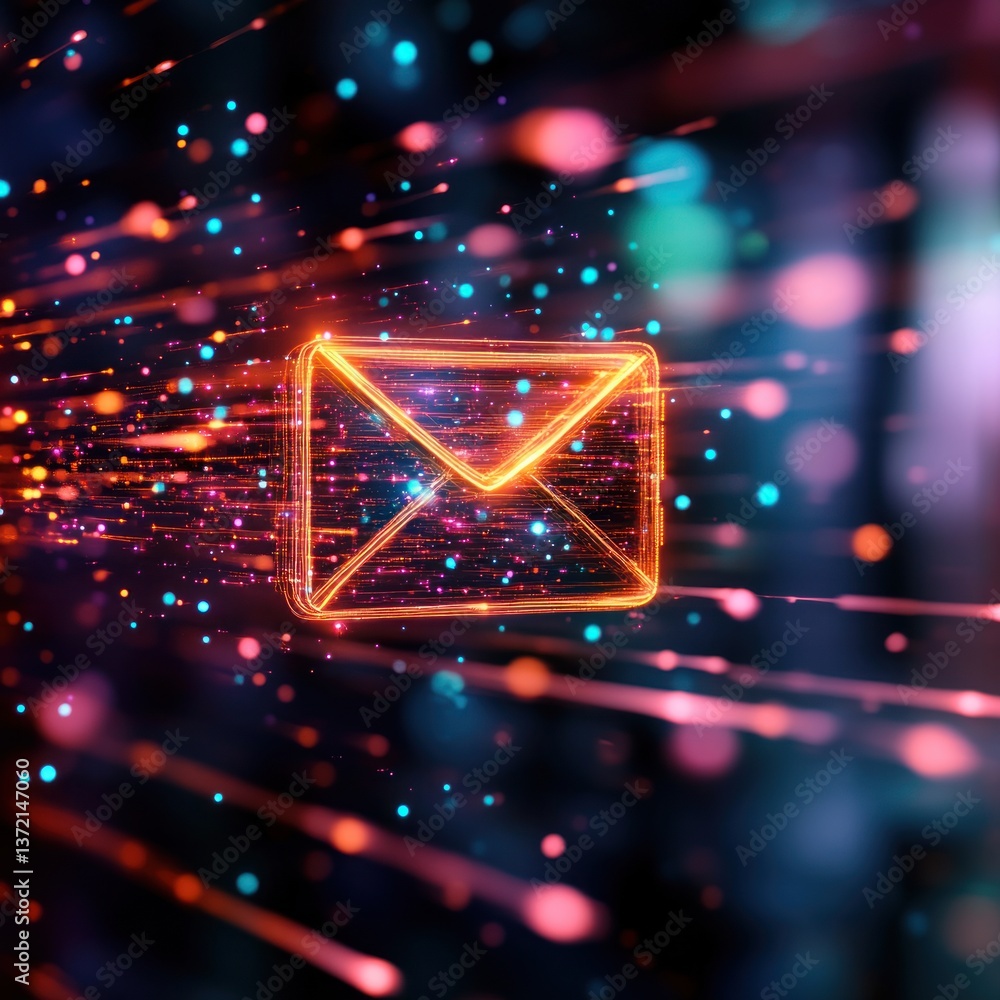 Aufkleber a glowing digital email icon rapidly travels through a vibrant futuristic data stream network.