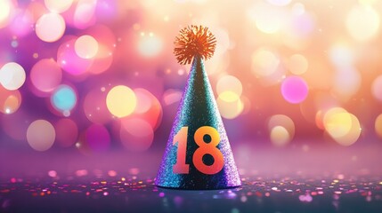 Shimmering birthday hat with number 18, ideal for celebration and milestones against a dreamy bokeh background. illustration