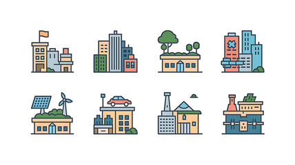 Sustainable urban development icons Modern cityscapes with eco-friendly features