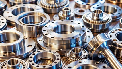 A collection of various metallic components, including flanges and bearings, showcasing intricate designs and precise engineering.