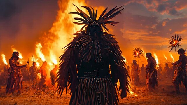 Dancing figures illuminated by a huge fire during a cultural celebration in a vibrant sunset setting