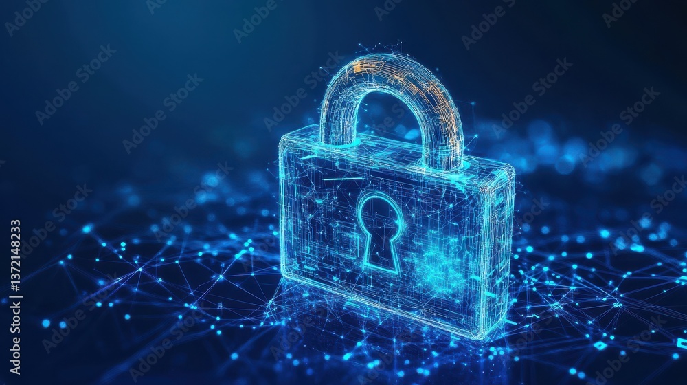 Poster convey the essence of cyber security technology with an image featuring a digital padlock representi