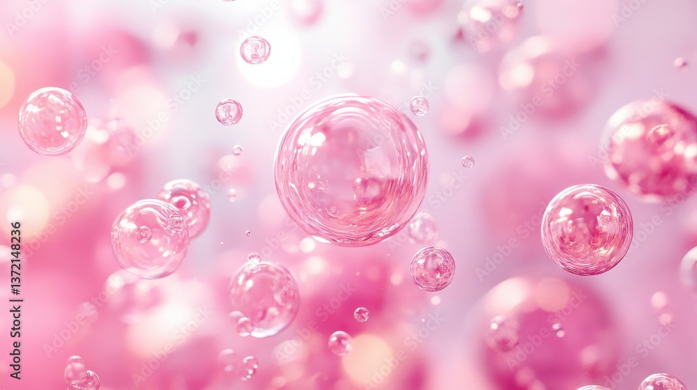 Poster a playful blend of pink bubbles and spheres in a refreshing water setting, creating a colorful and b