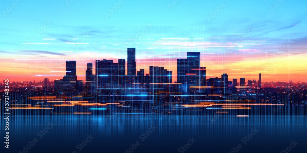 Poster a vibrant city skyline at sunset glows with digital data streams and futuristic technology.