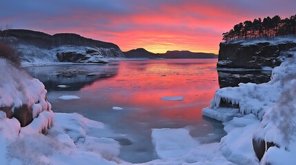 Obraz premium Pink Winter Sunset Over Frozen River Valley