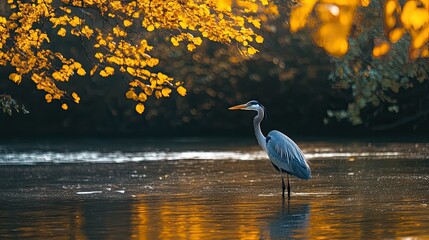 Naklejka premium Grey heron in peaceful river, golden leaves glowing on the surface