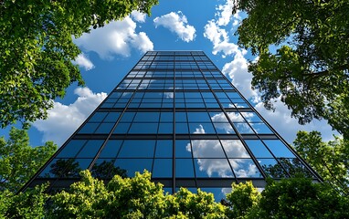Modern skyscraper with blue sky, and trees.