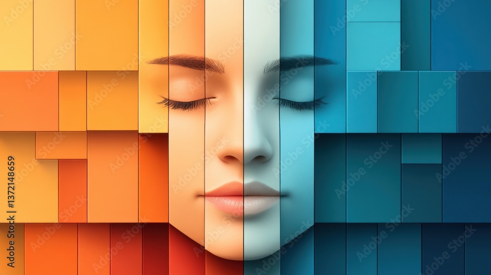 Aufkleber a serene woman's face is artfully divided by warm and cool color block patterns.