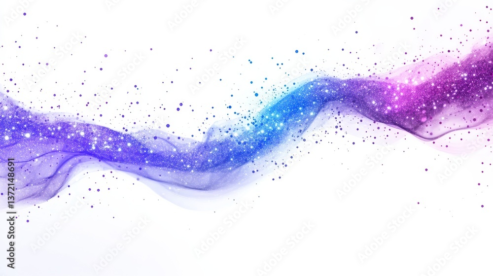 Poster an abstract digital flow of purple and blue particles spreads out on a white background creating a d