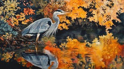 Grey heron on riverbank, autumn trees reflecting in still water