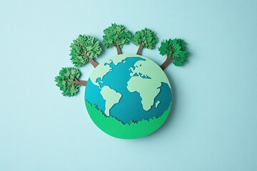 Minimalist Paper Cutout Earth with Trees on Light Background.