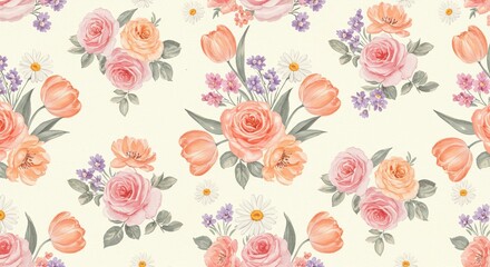 Watercolor Floral Arrangement Repeating Pattern Of Various Flowers Across Beige Surface